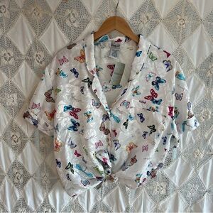 Vintage White Silky Butterfly Short Sleeve Blouse  by Vanity Fair / M/L